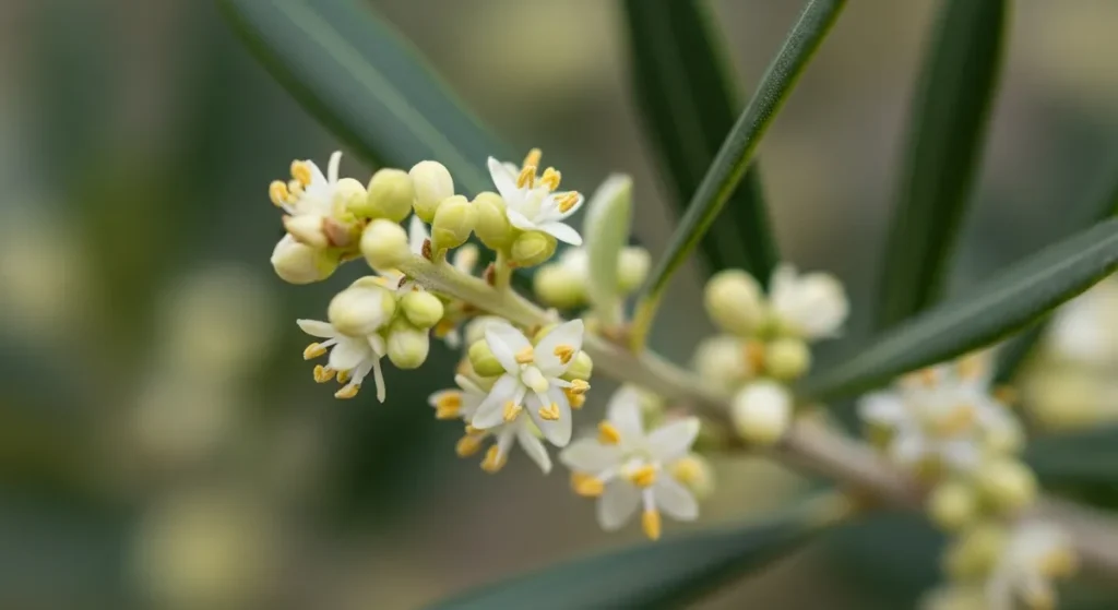Boutons floraux naissants sur une branche d'olivier