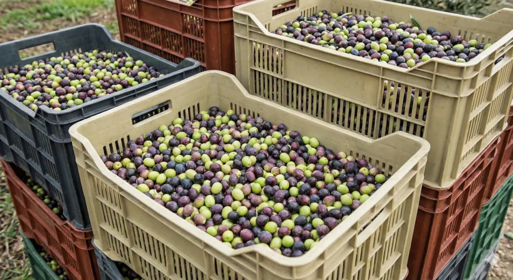 Cageots ajourés remplis d'olives fraîches
