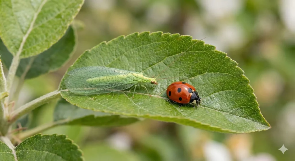 Chrysope et coccinelle sur feuillage