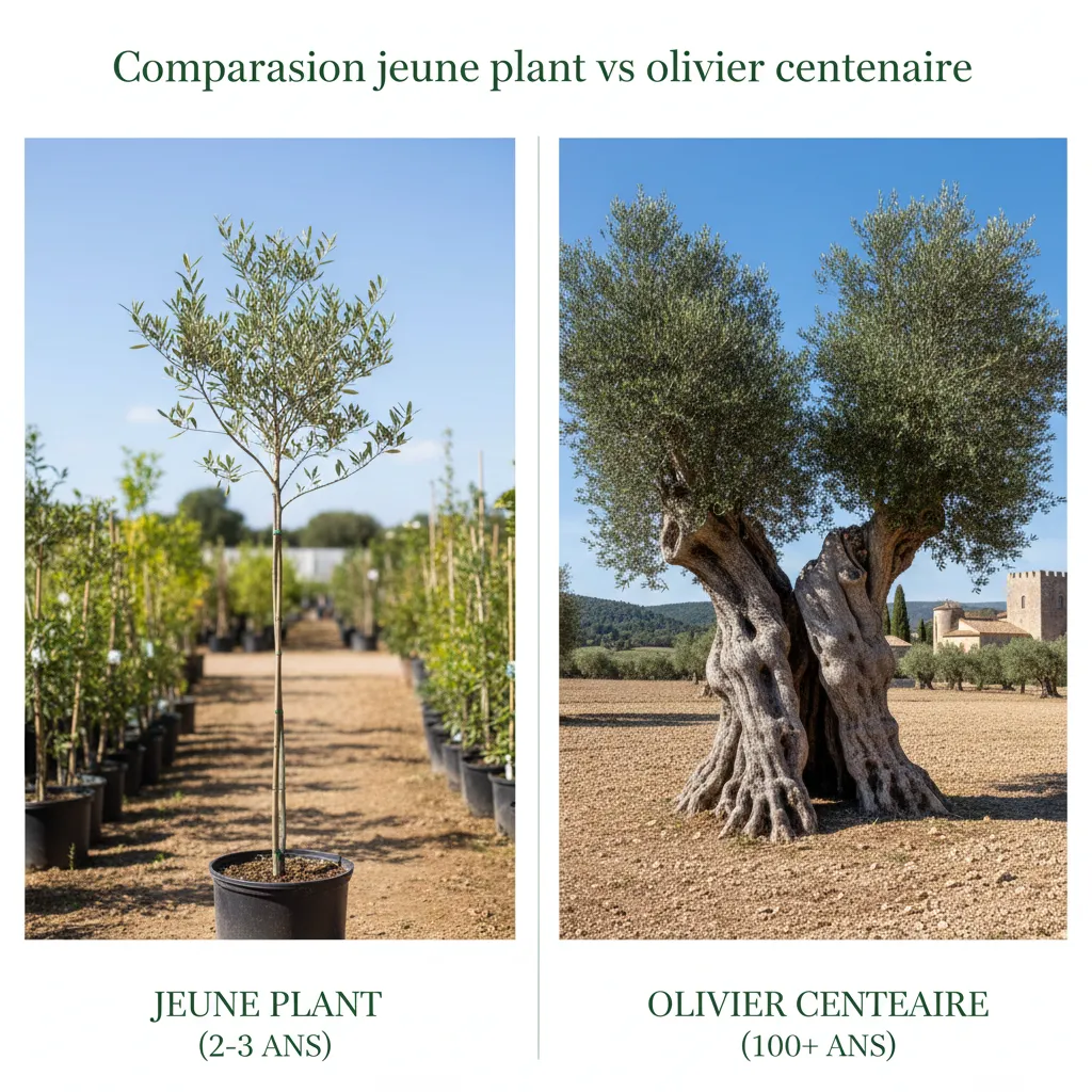 Comparaison jeune plant vs olivier centenaire