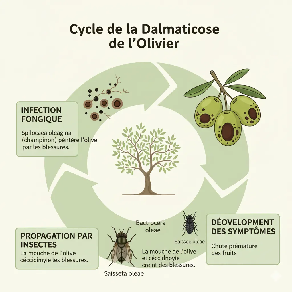 Cycle de la maladie (schéma champignon-mouche-cécidomyie)