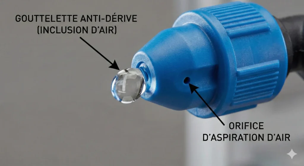 Détail macro d'une buse anti-dérive