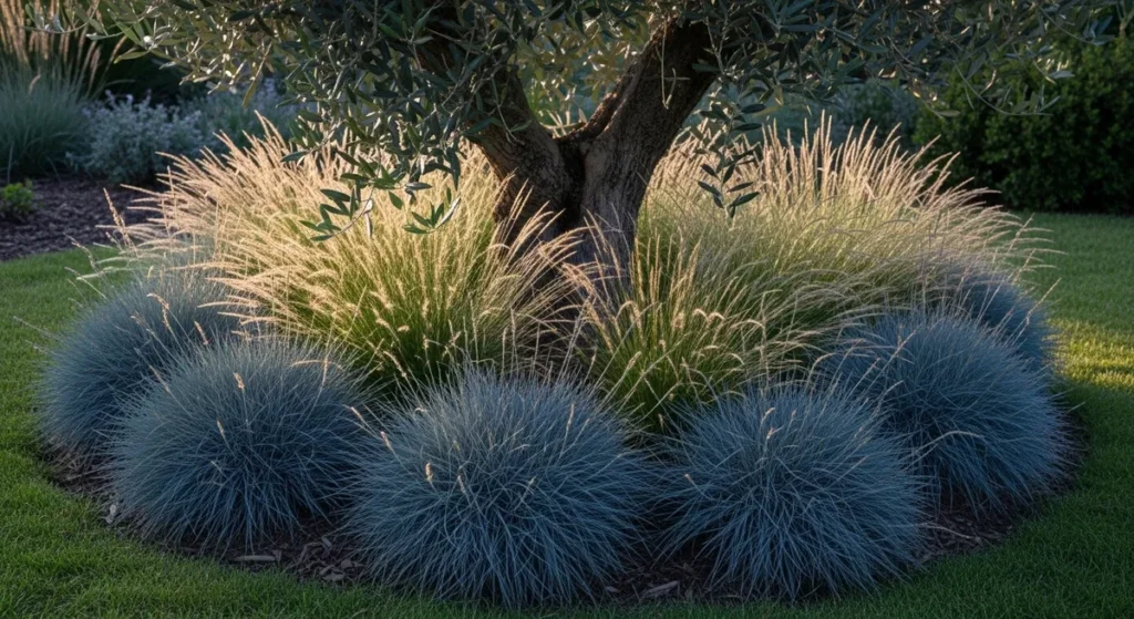 Fétuque bleue et stipa pennata autour d'un olivier