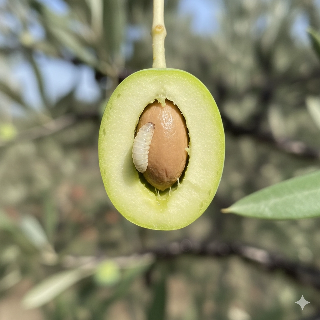 Larve dans olive coupée