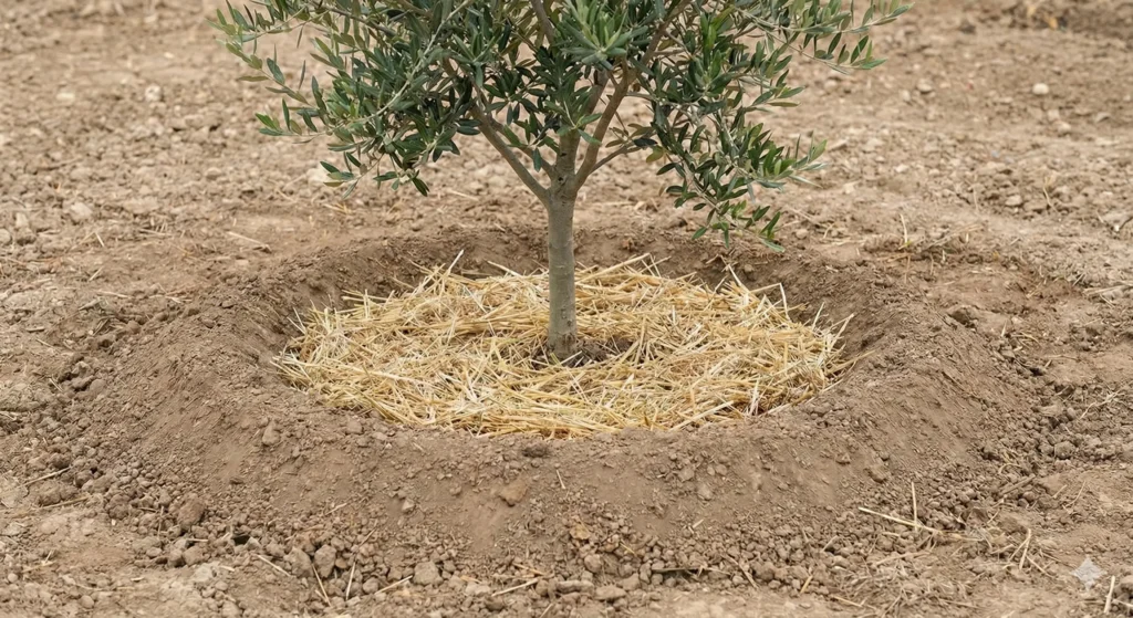 Irrigation et arrosage de l'olivier : quand, combien, comment 3 Photo de la butte de terre autour d'olivier + paillage