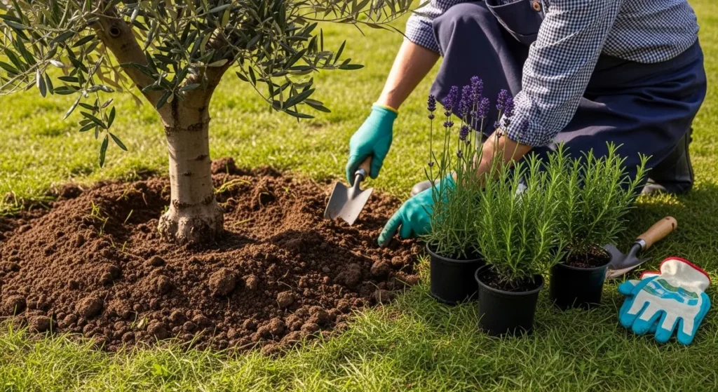 Plantation d'aromatiques autour d'un olivier
