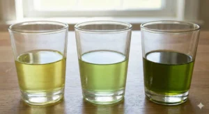 Goût huile olive : comprendre fruité, amertume et piquant Trois verres huiles couleurs différentes