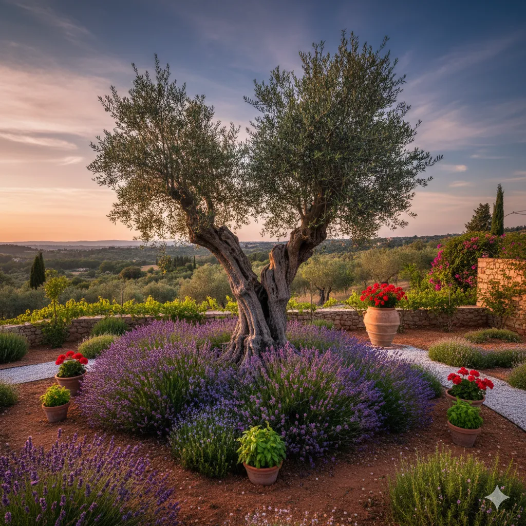 Vue d'ensemble jardin méditerranéen avec olivier central