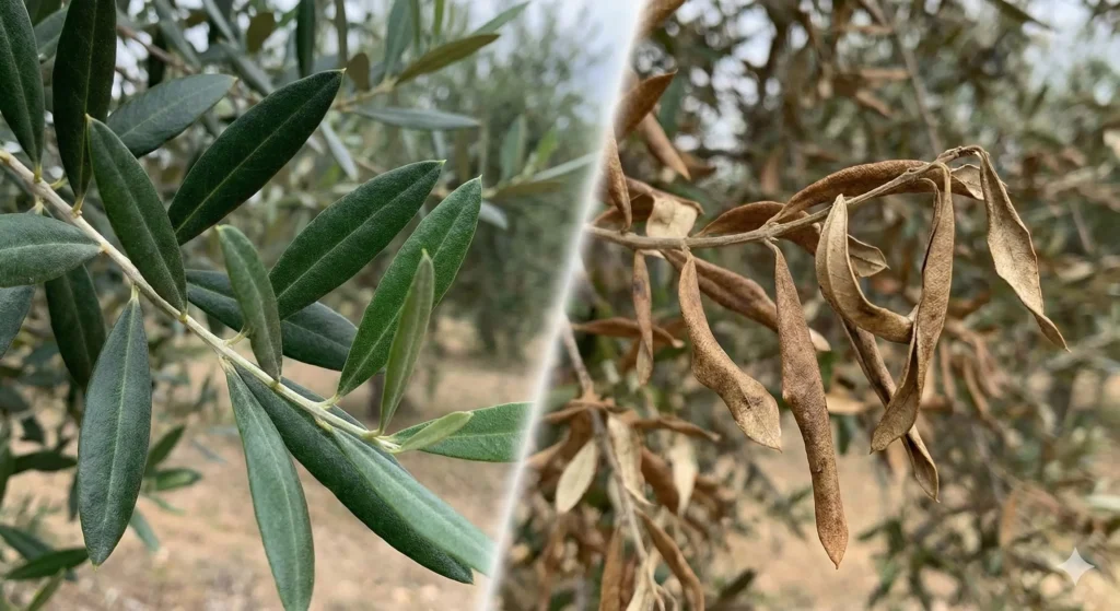 Irrigation et arrosage de l'olivier : quand, combien, comment 4 feuilles d'olivier healthy vs feuilles en stress hydrique