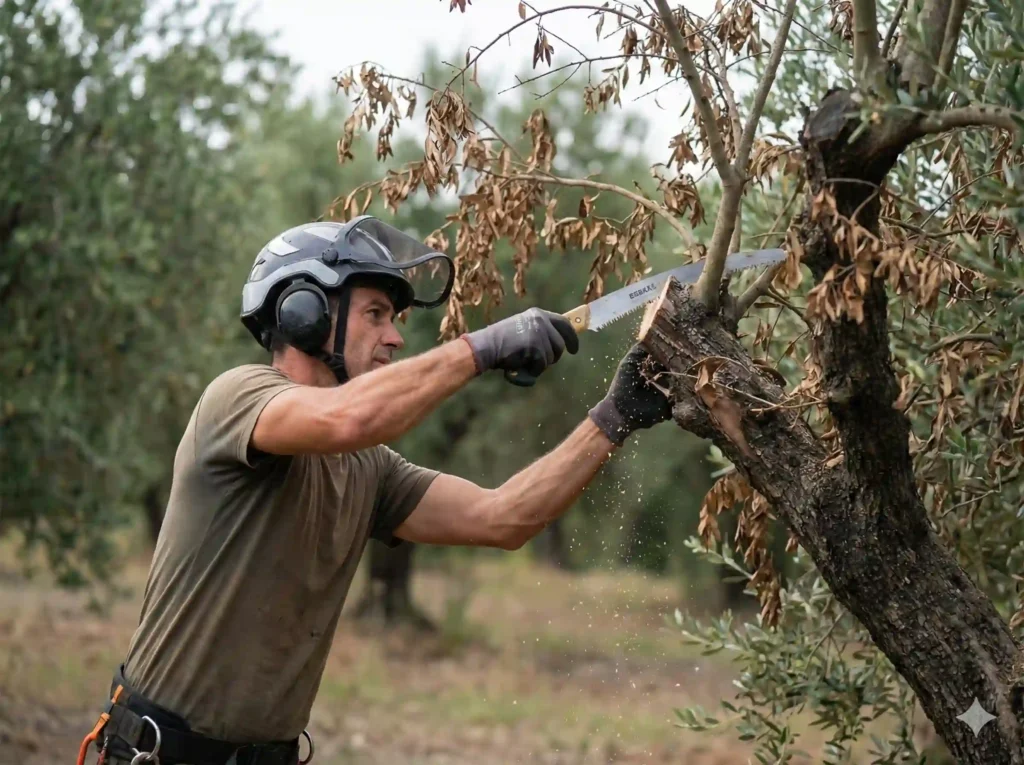 Arboriste taillant une branche atteinte (Intervention)