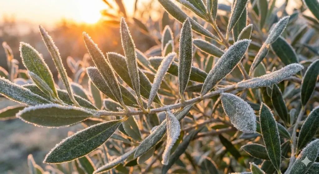 Olivier Résistant au Froid : Quelles Variétés Choisir selon Votre Région ? 1 Détail givré au lever du soleil