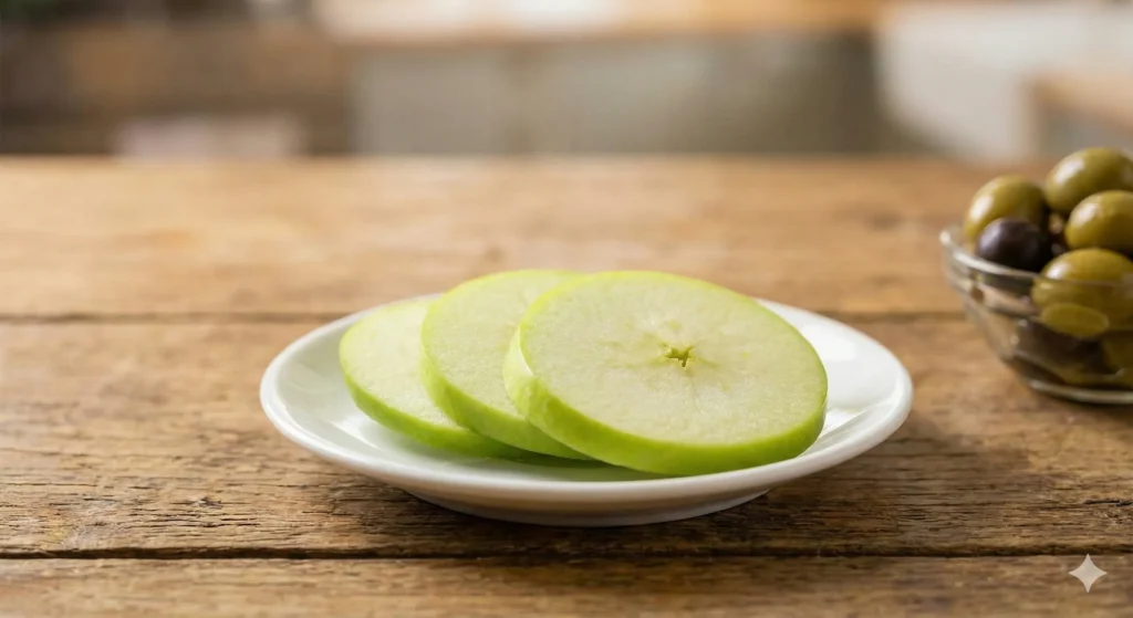 Dégustation huile olive : technique du verre bleu comme pro 3 Pomme verte Granny Smith en tranche pour nettoyer le palais