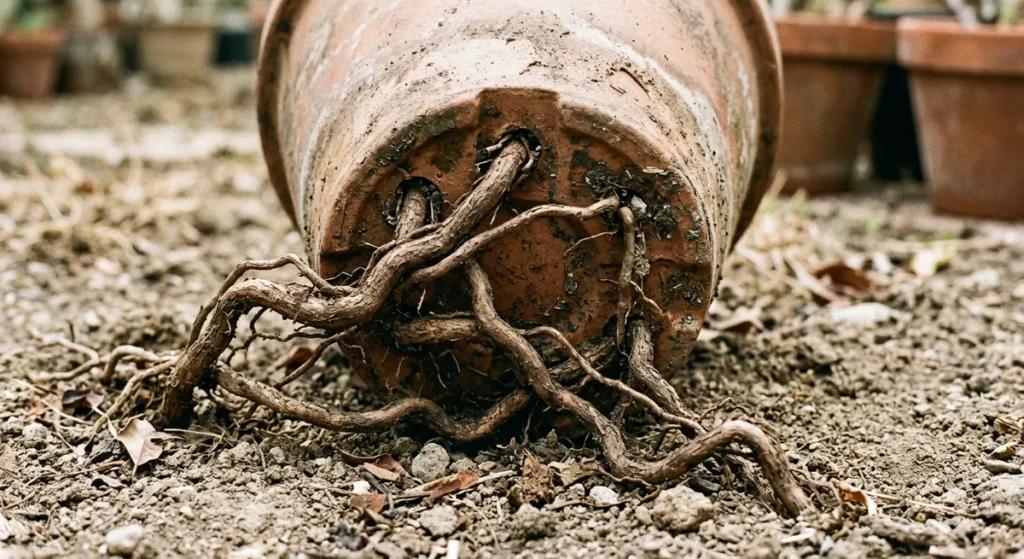 Racines d'olivier sortant des trous de drainage