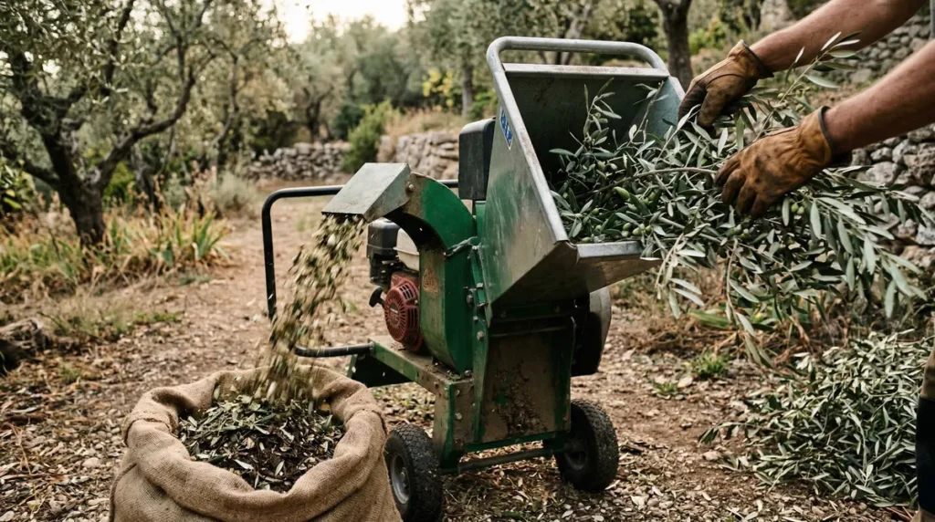 Broyeur à végétaux en action sur des branches d'olivier