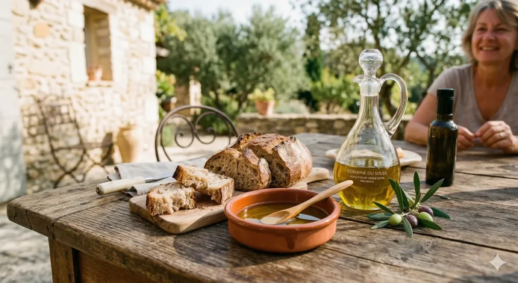 L'oléotourisme : partir à la découverte des oliveraies et huileries 2 Dégustation d'huile d'olive vierge extra avec pain sur une table en bois