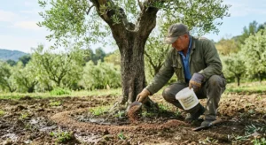 Épandage d'engrais au pied d'un olivier au printemps