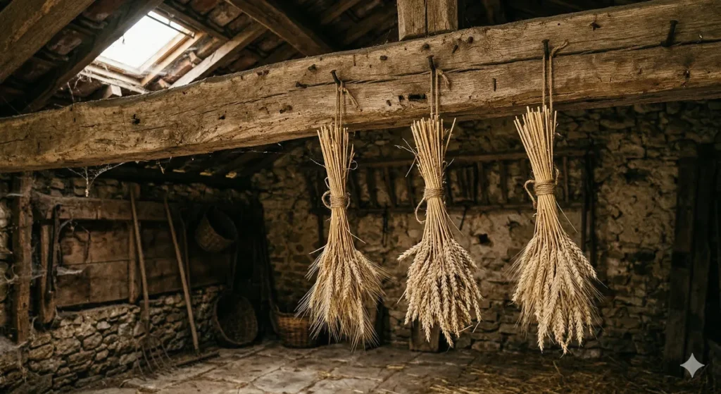 Le brin de blé porte-bonheur : origine, symbolique et comment le faire pousser 3 Gerbes de blé séchées suspendues dans une remise ancienne