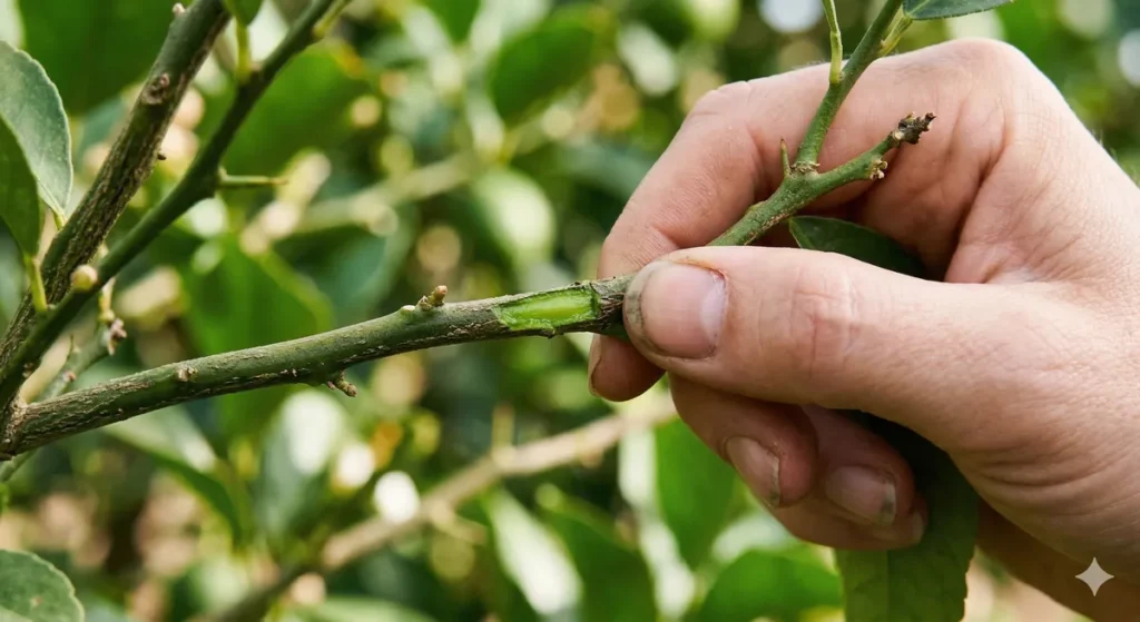 Geste du test de l'ongle sur branche d'agrume