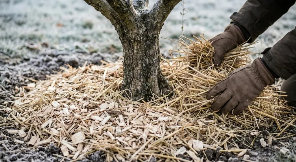 Protéger son olivier du froid : ce qui marche vraiment 2 Gros plan sur un paillage épais