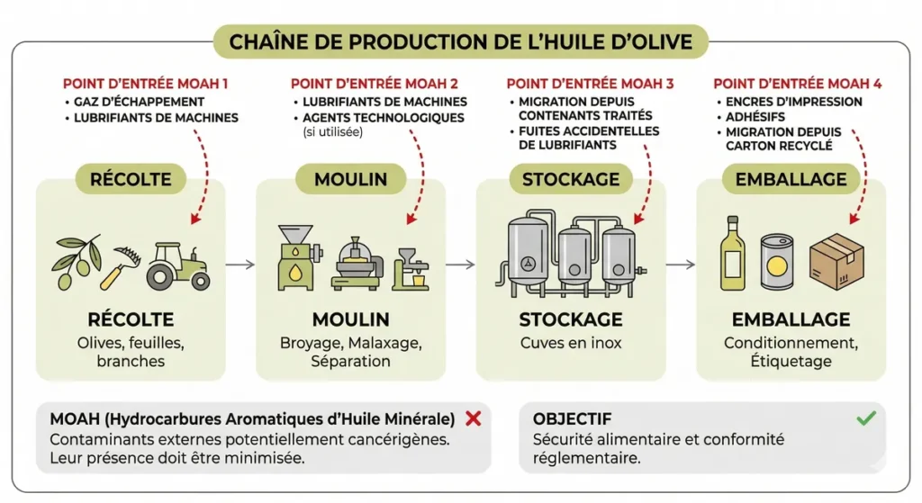 MOAH dans l'huile d'olive : danger réel ou panique injustifiée ? 1 Les points d'entrée des MOAH dans la chaîne de production