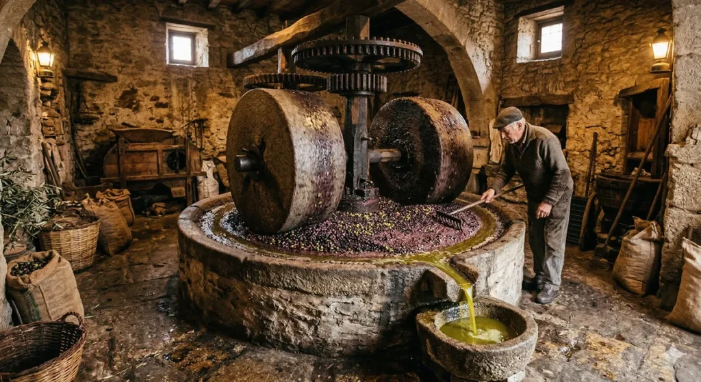 L'oléotourisme : partir à la découverte des oliveraies et huileries 1 Moulin à huile traditionnel avec meules en pierre en fonctionnement