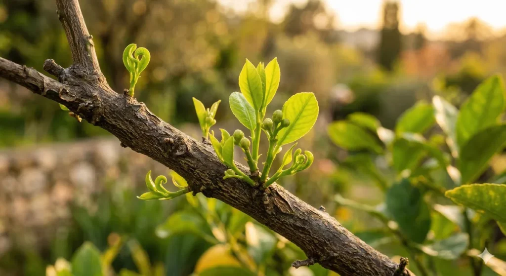 Nouvelles pousses vertes sur citronnier en reprise