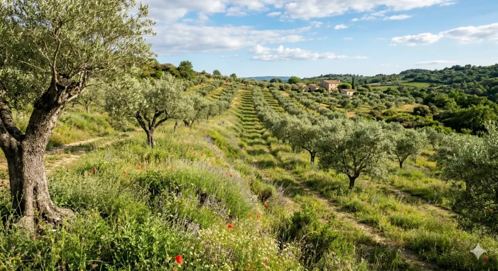 Engazonnement ou labour dans l'oliveraie : ce qui change vraiment pour vos arbres 3 Oliveraie en pente avec enherbement naturel anti érosion