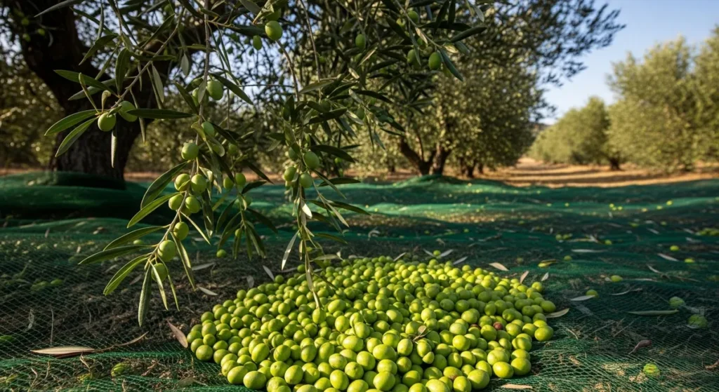 Les polyphénols de l'huile d'olive : voici ce qui protège vraiment votre cœur 1 Récolte précoce d'olives vertes sur filet