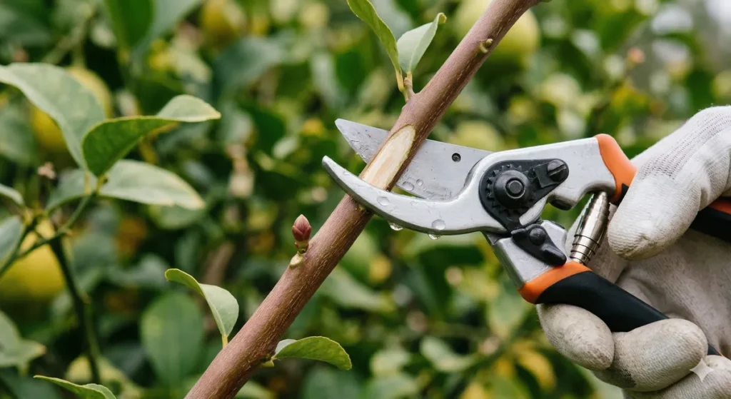 Sécateur désinfecté coupant une branche de citronnier