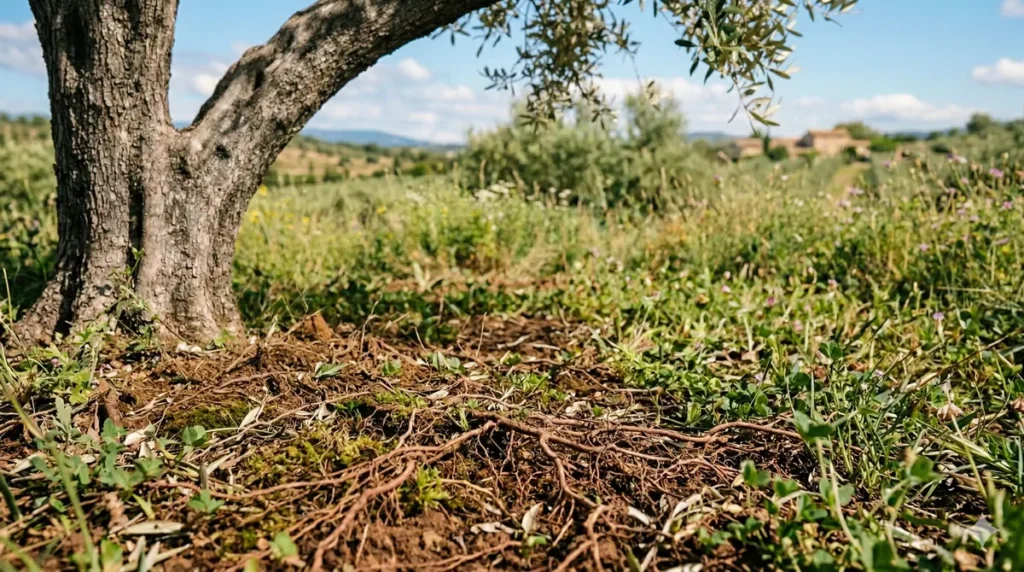 Engazonnement ou labour dans l'oliveraie : ce qui change vraiment pour vos arbres 1 Sol enherbé spontané sous un olivier avec racines visibles