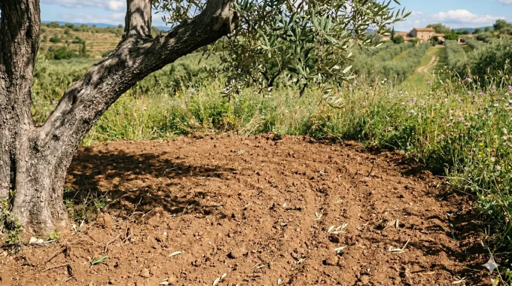 Engazonnement ou labour dans l'oliveraie : ce qui change vraiment pour vos arbres 2 Sol nu travaillé superficiellement sous un olivier
