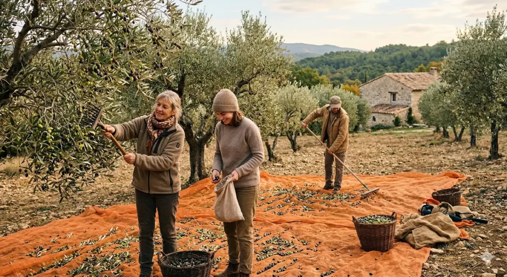 L'oléotourisme : partir à la découverte des oliveraies et huileries 3 Visiteurs récoltant des olives à la main dans une oliveraie