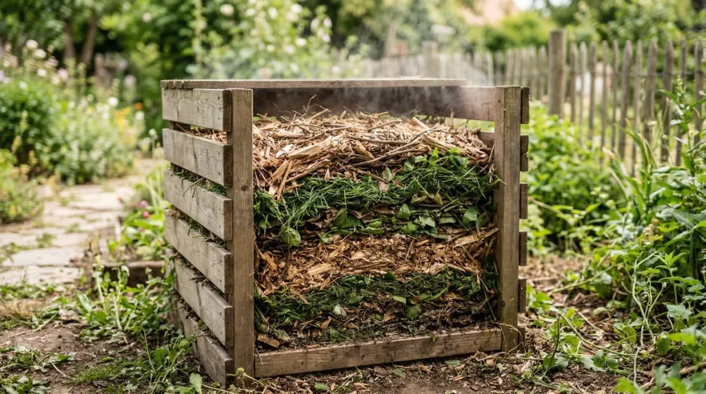 compost chaud avec branches broyées et matière verte