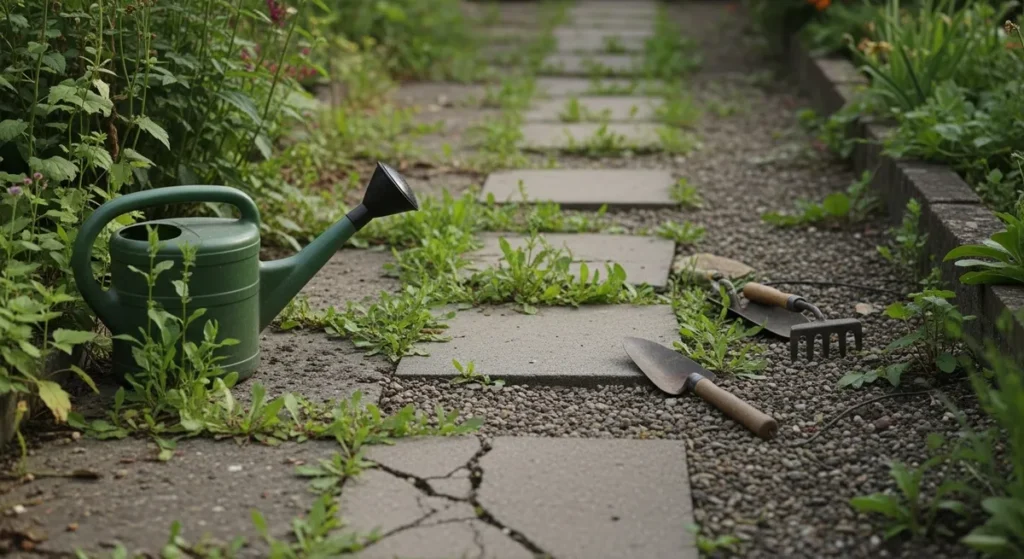 Allée de jardin en gravier avec mauvaises herbes