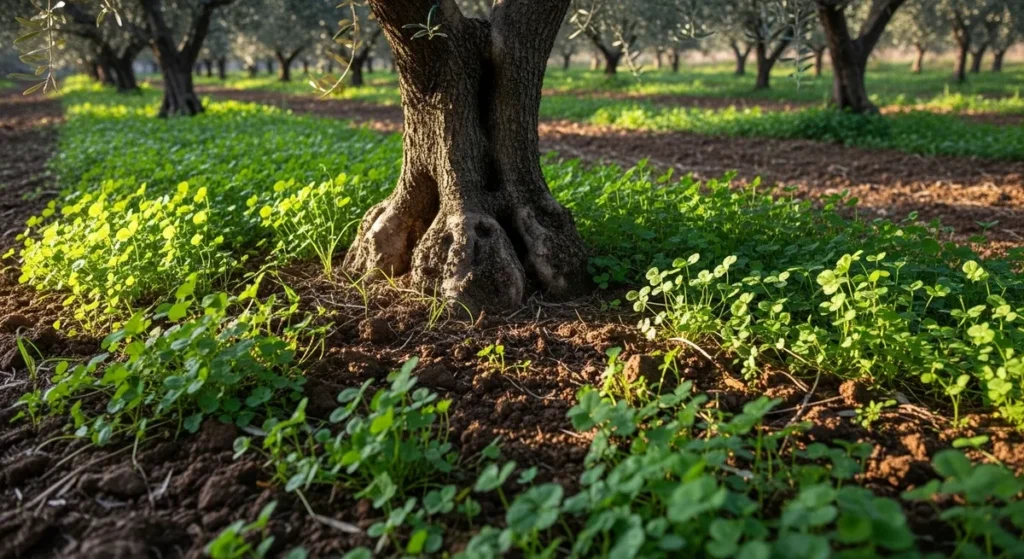 Olivier et crédits carbone : une oliveraie peut-elle rapporter plus qu'on ne le croit ? 3 Base d'un olivier entouré de plantes