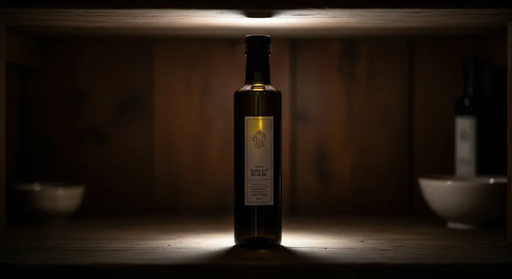 Bouteille d'huile d'olive en verre teinté dans un placard