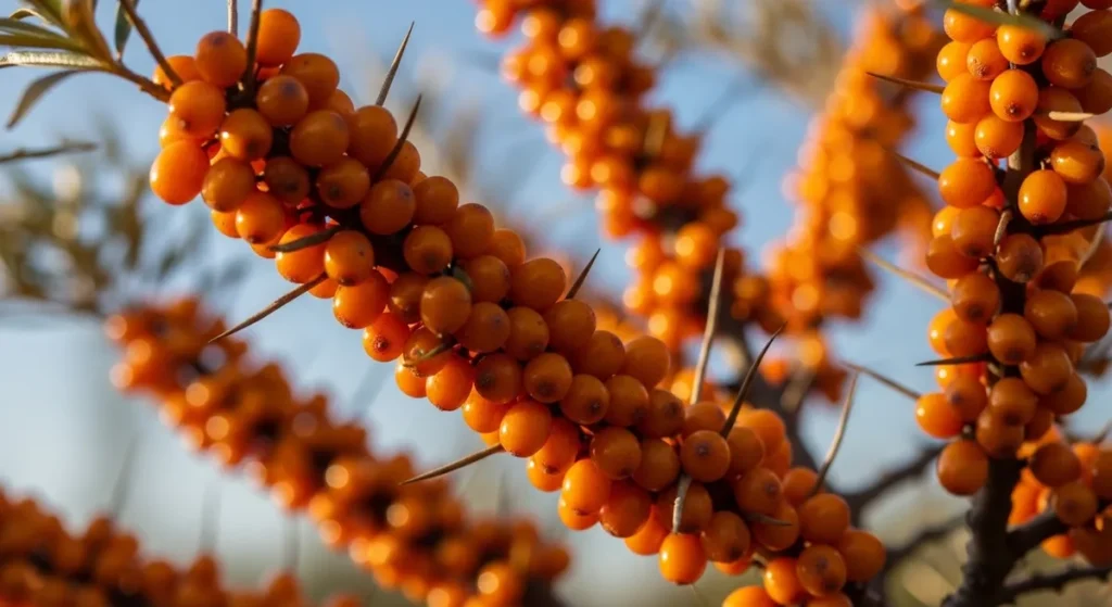 Fruit en A : liste et guide pour les cultiver au potager et au verger 2 Branche d'argousier chargée de baies