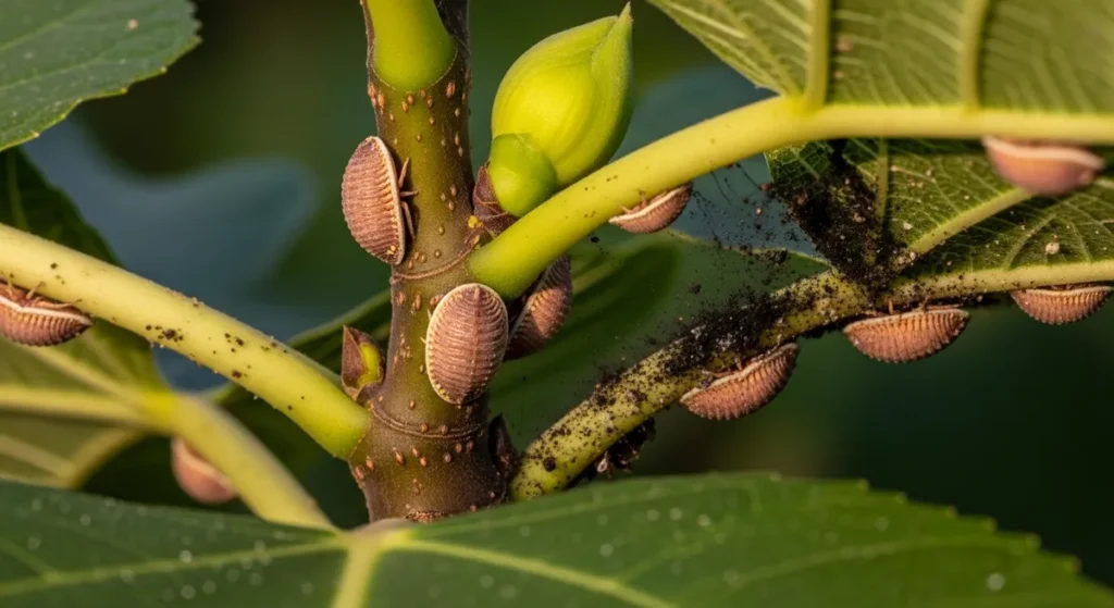Cochenilles ceroplastes rusci sur rameau de figuier