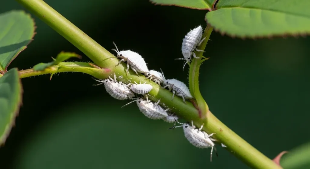 Cochenilles sur une tige de rosier