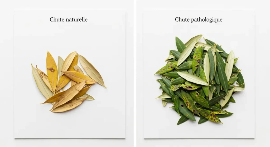 Feuilles d'olivier qui tombent anormalement : causes et solutions concrètes 1 Comparaison de chute de feuilles d'olivier