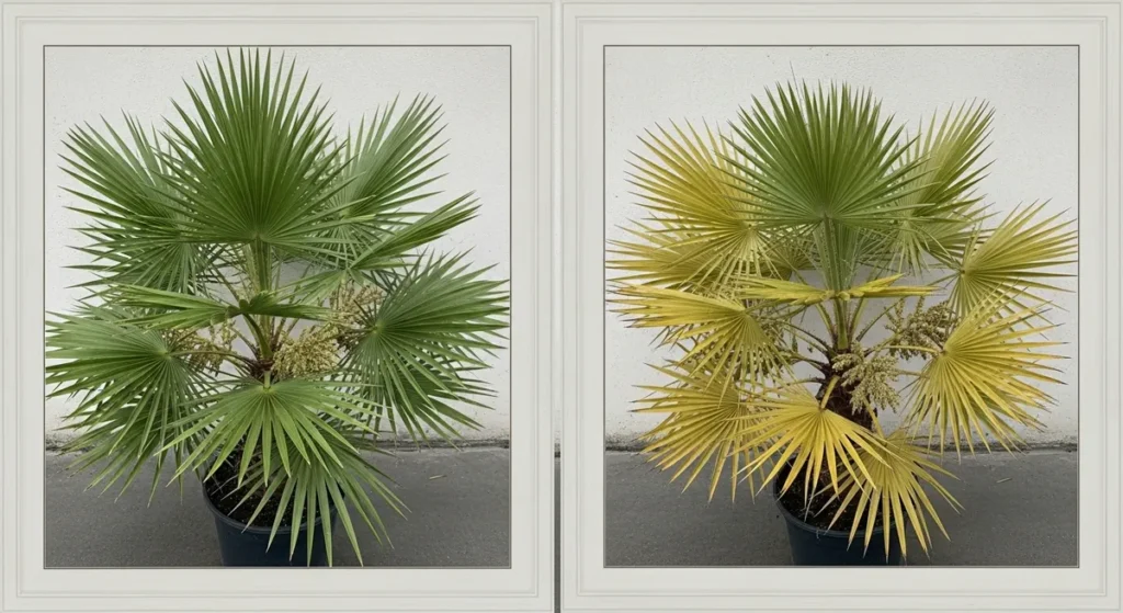 La floraison du palmier : ce que révèle une fleur sur votre arbre 2 Comparaison de palmiers en bonne santé ou stressé