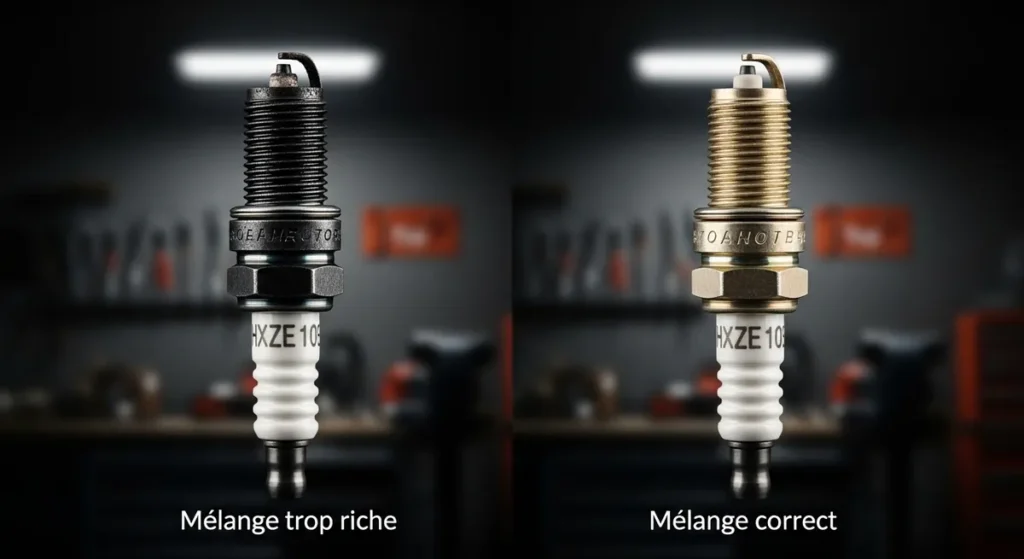 Comparaison mélange trop riche vs mélange correct sur bougie