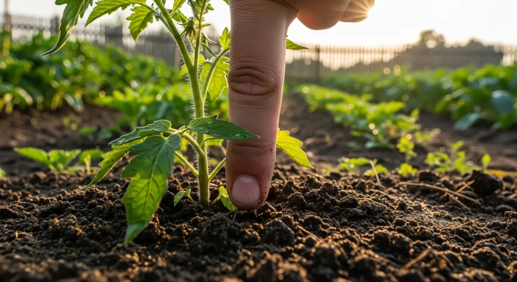 Feuilles de tomates qui jaunissent : identifier la cause et réagir vite 3 Doigt enfoncé dans le sol au pied d'un plant de tomate