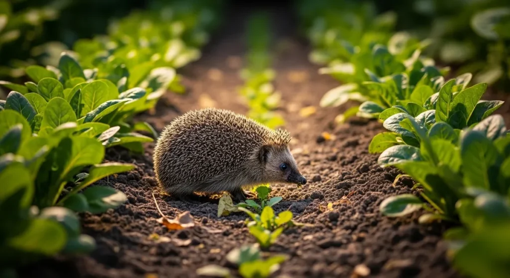 Crotte de rat : reconnaître, nettoyer et éloigner les rongeurs du potager 3 Hérisson dans des rangées d'un potager
