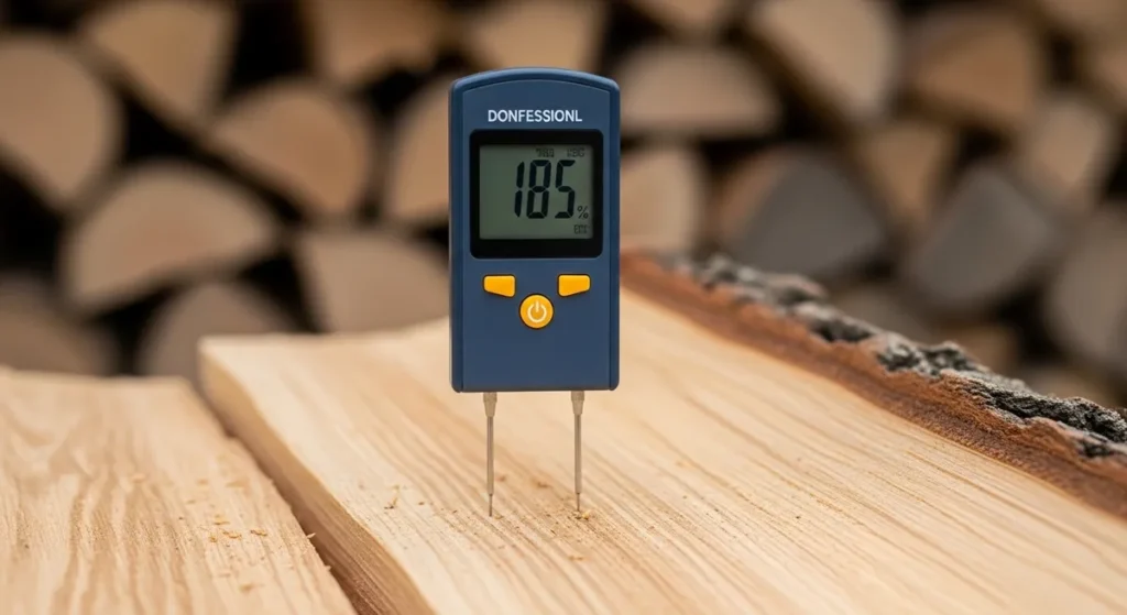 Calcul d'un stère de bois : formule exacte, coefficients et exemples concrets 5 Humidimètre plantés dans une bûche fendue