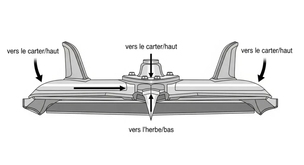Illustration annotée d'une lame de tondeuse soufflante vue de face