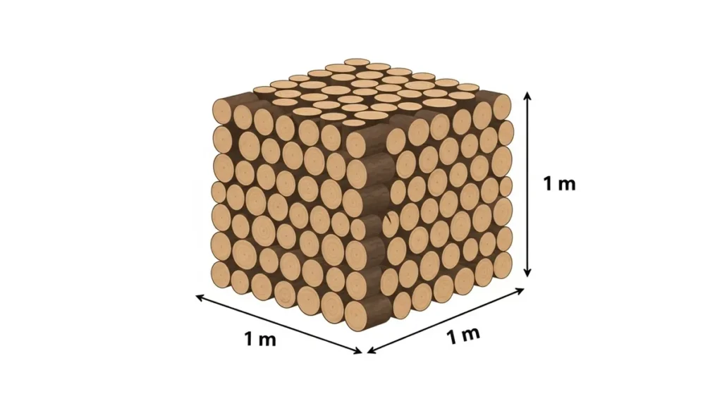 Calcul d'un stère de bois : formule exacte, coefficients et exemples concrets 1 Illustration d'un empilement de bûches représentant un mètre cube