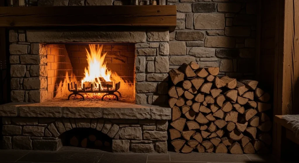 Calcul d'un stère de bois : formule exacte, coefficients et exemples concrets 4 Intérieur rustique avec cheminée et bûché bien rangé