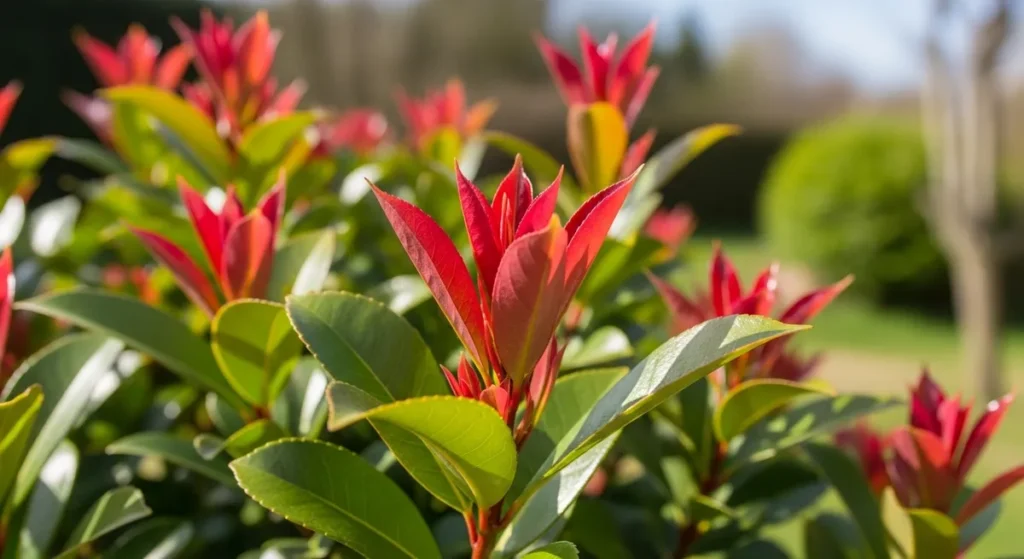 Haie brise-vue fleurie : 10 arbustes pour allier intimité et beauté 1 Jeunes pousses de photinia Red Robin