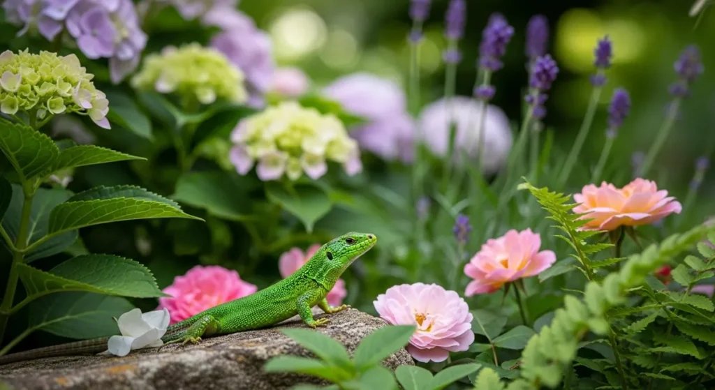 Lézard vert dans un massif de jardin